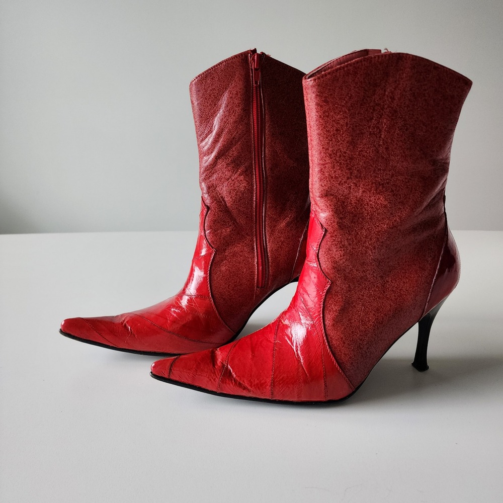 Stiletto Ankle Boots Womens 9.5 US Red Leather Pointed Toe Y2K Exotic High Heel